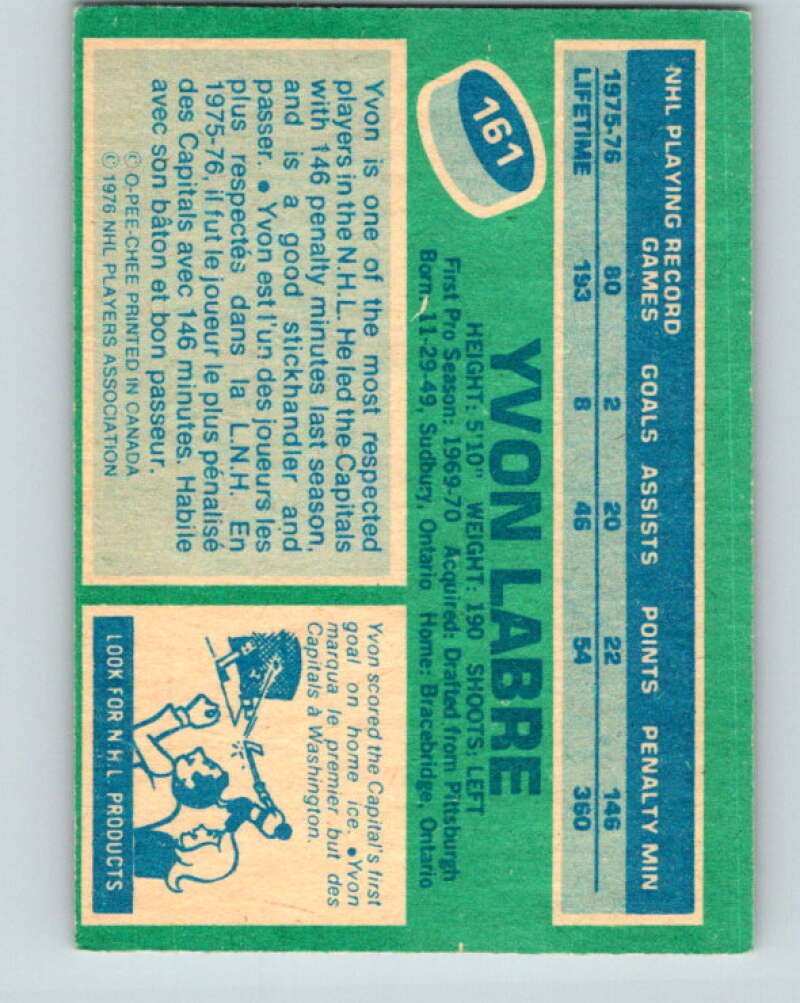 1976-77 O-Pee-Chee #161 Yvon Labre Washington Capitals V12156