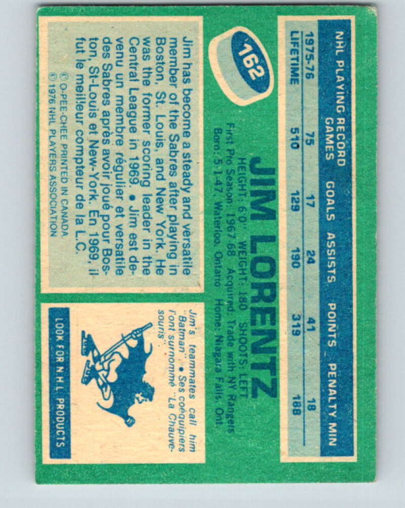 1976-77 O-Pee-Chee #162 Jim Lorentz Buffalo Sabres V12157