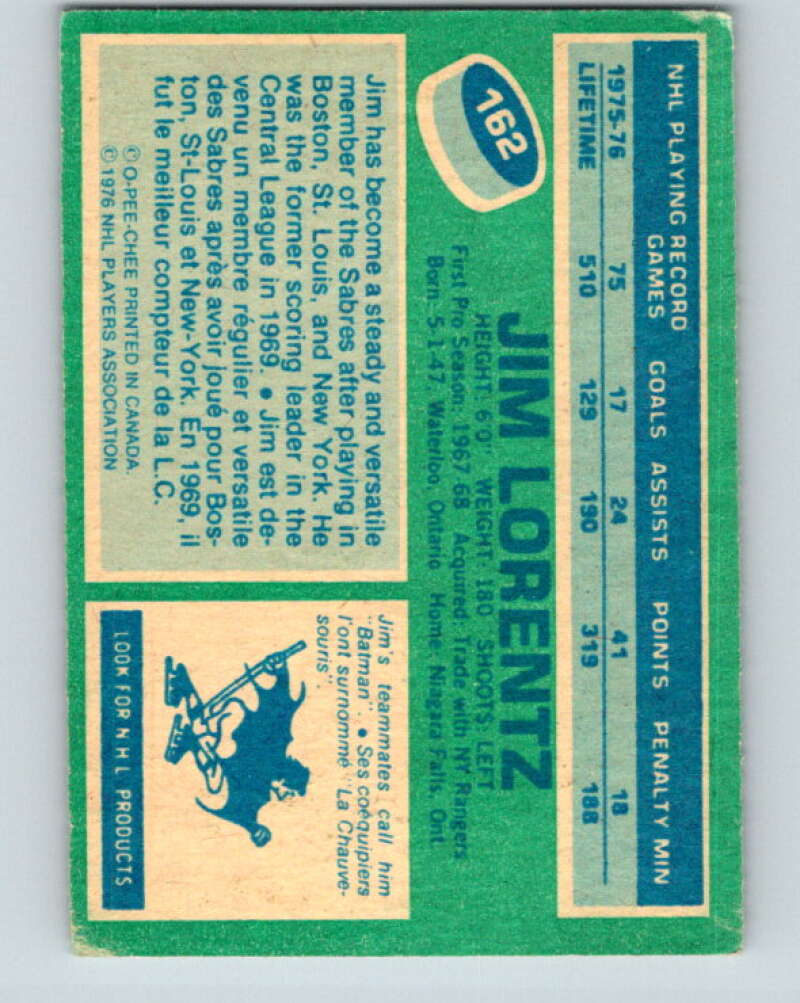 1976-77 O-Pee-Chee #162 Jim Lorentz Buffalo Sabres V12158