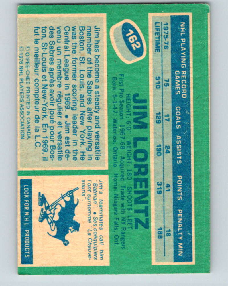 1976-77 O-Pee-Chee #162 Jim Lorentz Buffalo Sabres V12159