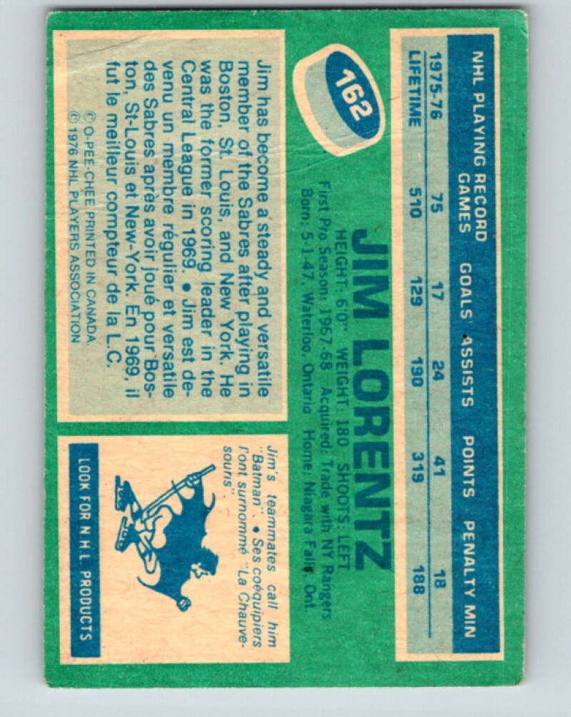 1976-77 O-Pee-Chee #162 Jim Lorentz Buffalo Sabres V12160