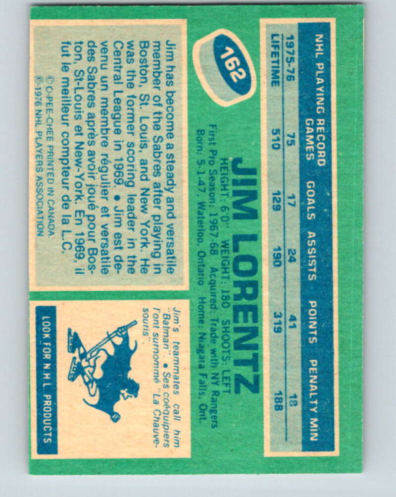 1976-77 O-Pee-Chee #162 Jim Lorentz Buffalo Sabres V12161