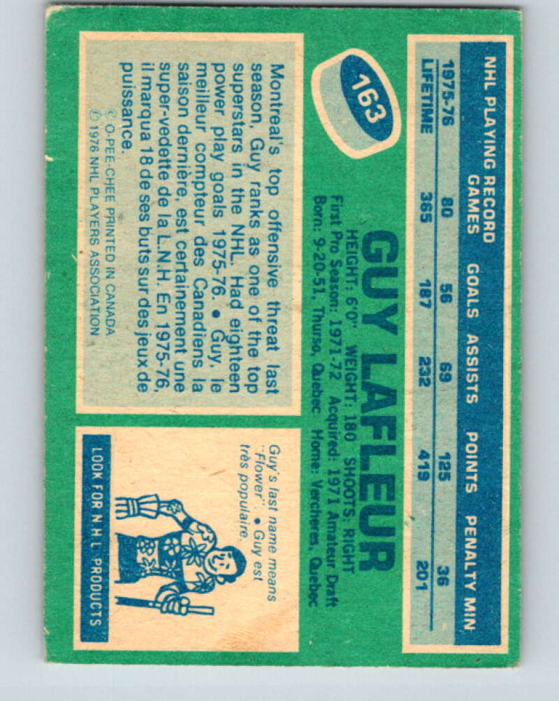 1976-77 O-Pee-Chee #163 Guy Lafleur Montreal Canadiens V12162