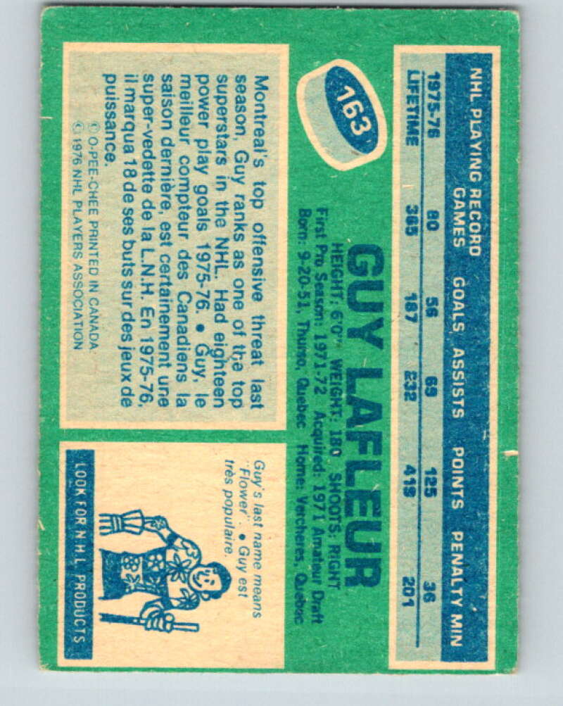 1976-77 O-Pee-Chee #163 Guy Lafleur Montreal Canadiens V12163