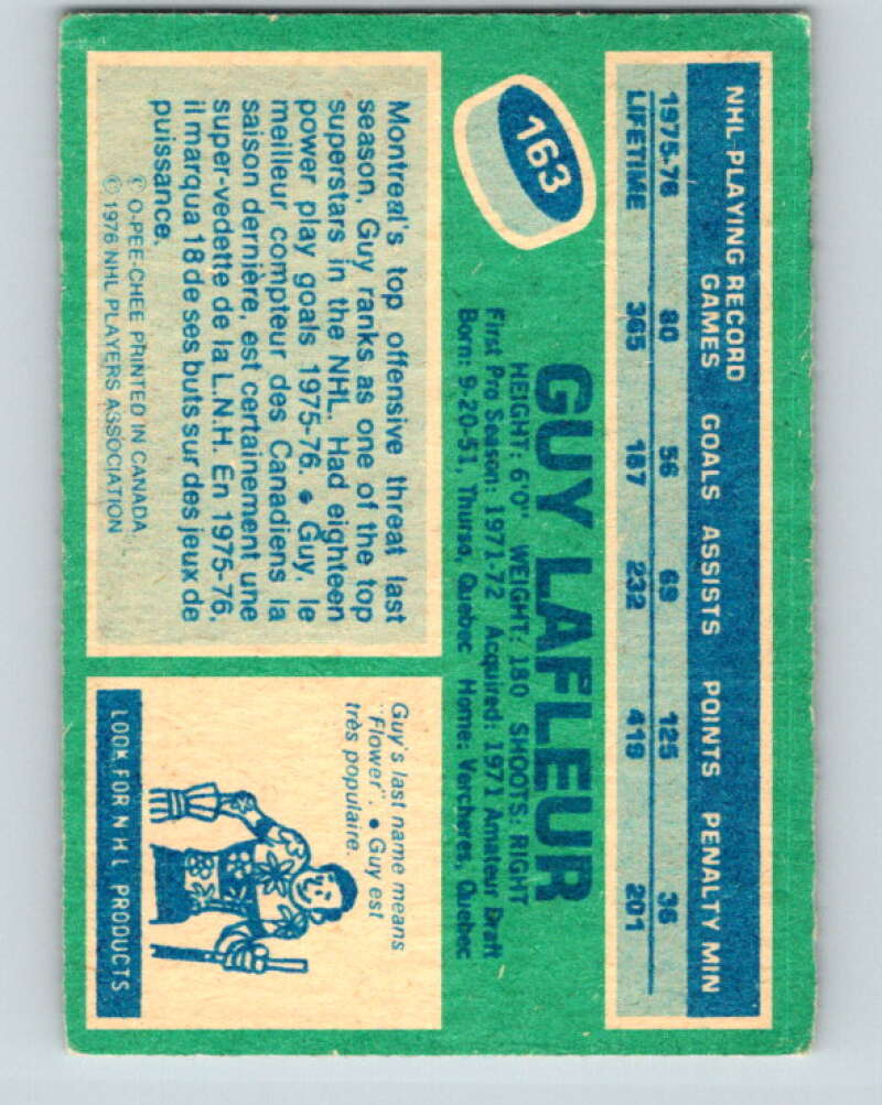 1976-77 O-Pee-Chee #163 Guy Lafleur Montreal Canadiens V12164