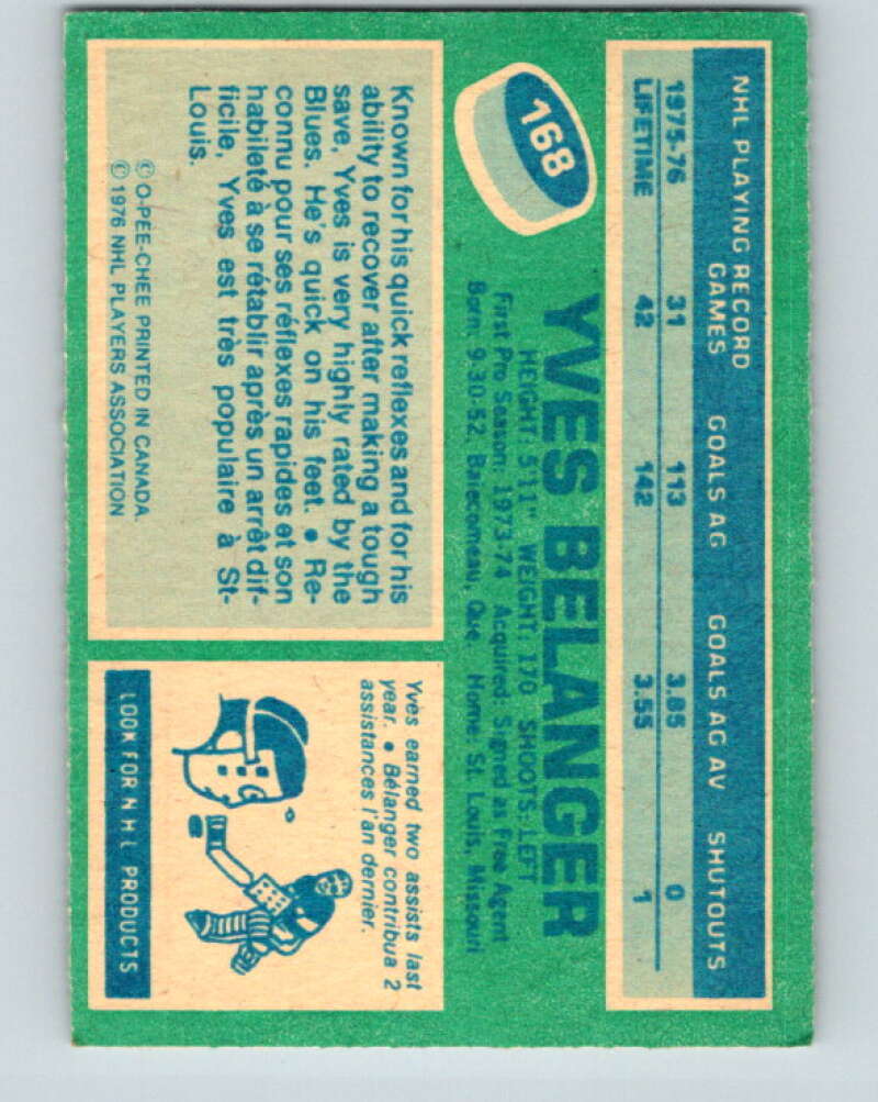 1976-77 O-Pee-Chee #168 Yves Belanger RC Rookie Blues V12180
