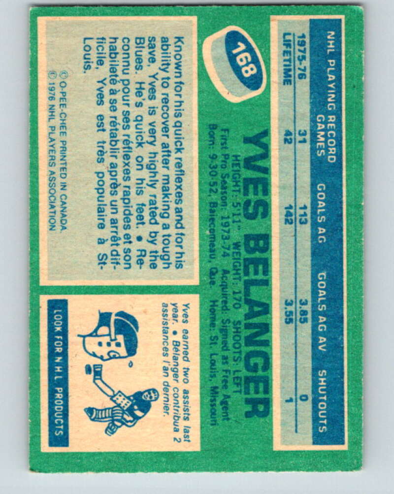 1976-77 O-Pee-Chee #168 Yves Belanger RC Rookie Blues V12182
