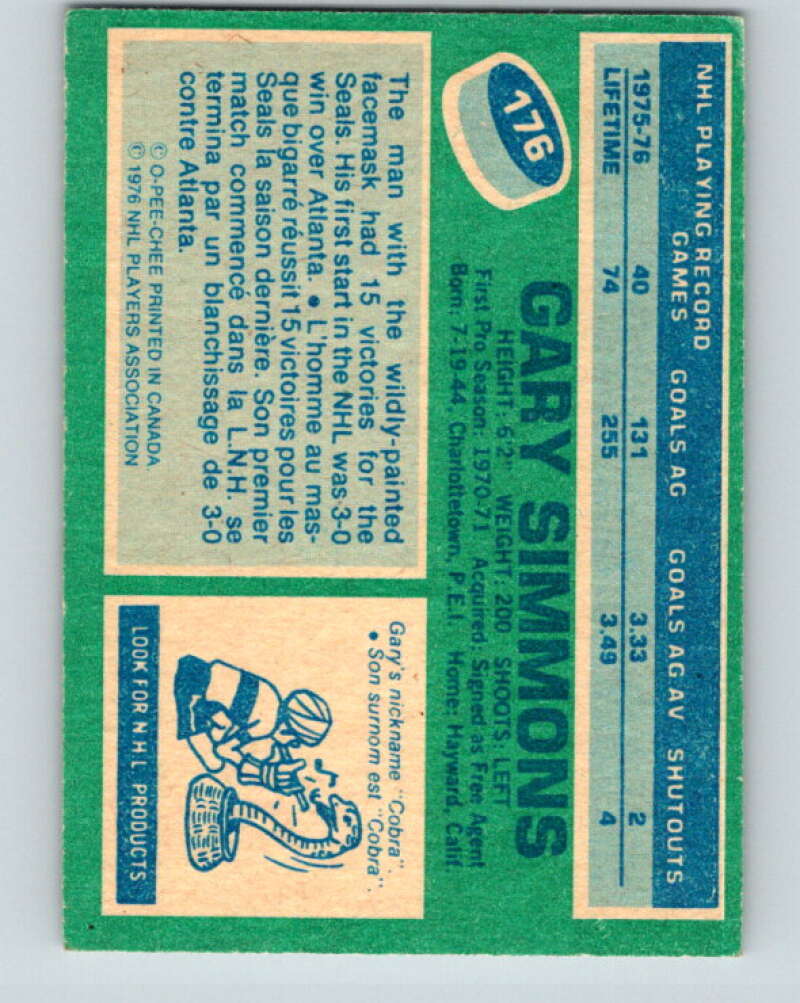 1976-77 O-Pee-Chee #176 Gary Simmons Cleveland Barons V12210