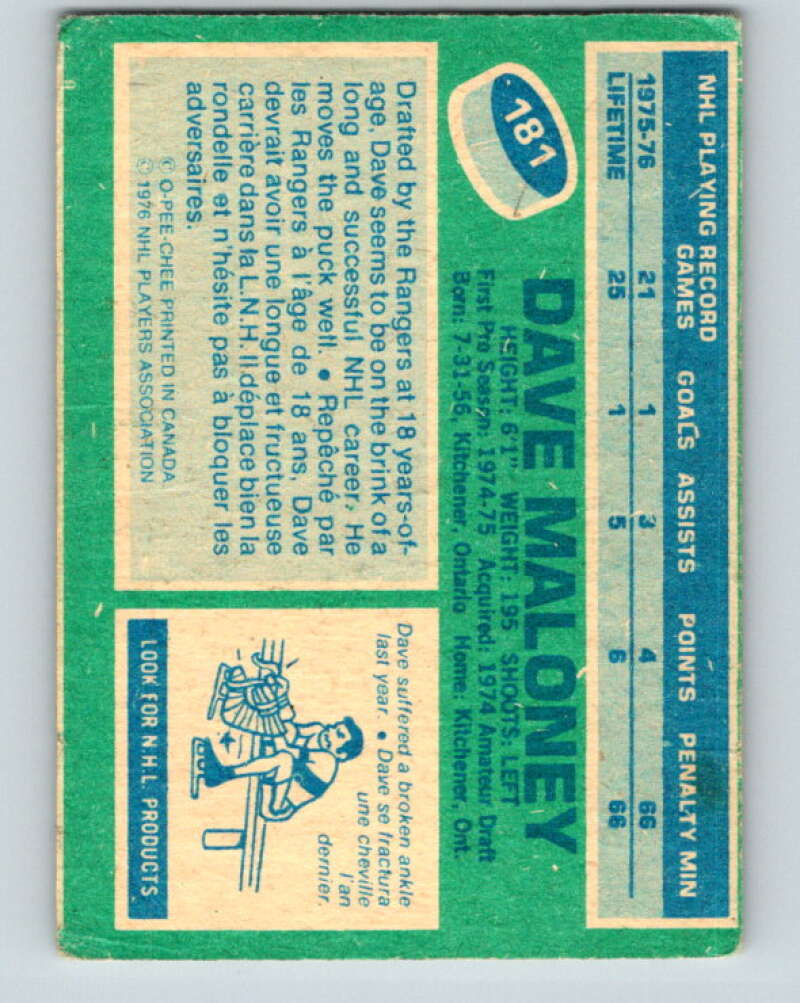 1976-77 O-Pee-Chee #181 Dave Maloney RC Rookie Rangers V12224