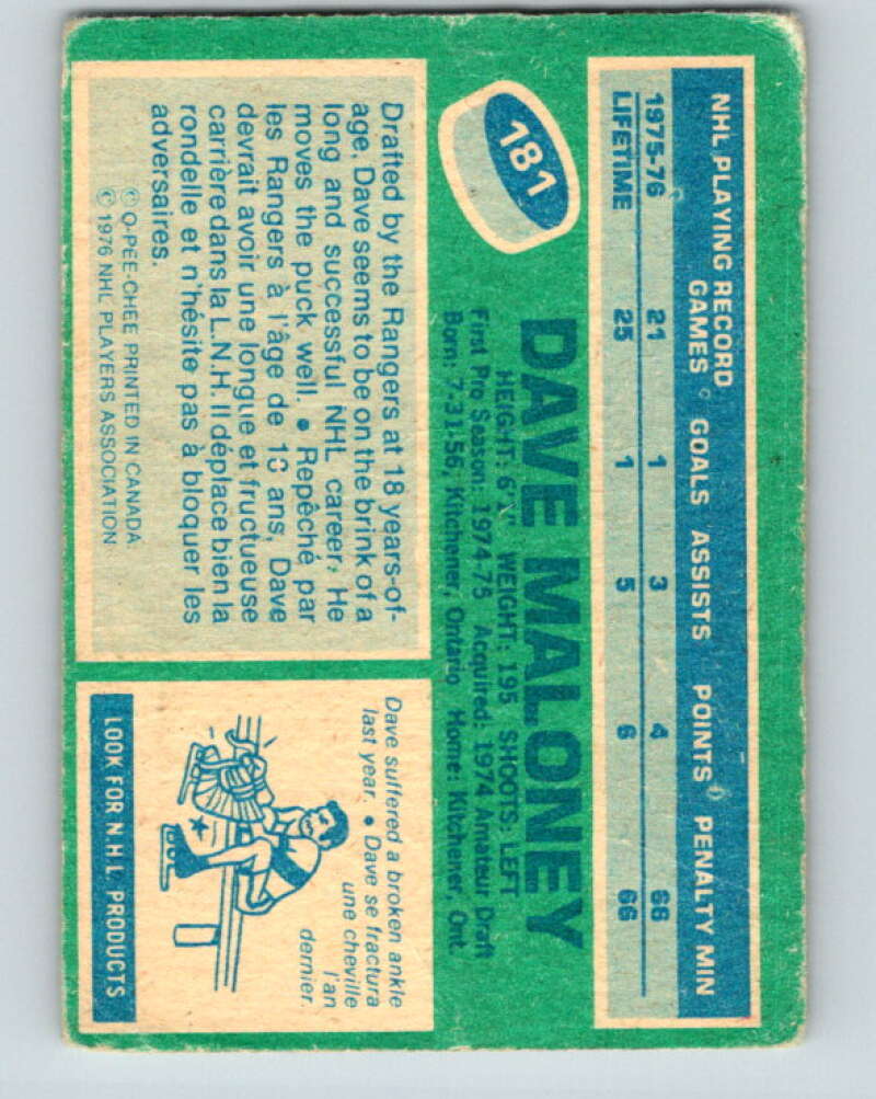 1976-77 O-Pee-Chee #181 Dave Maloney RC Rookie Rangers V12225