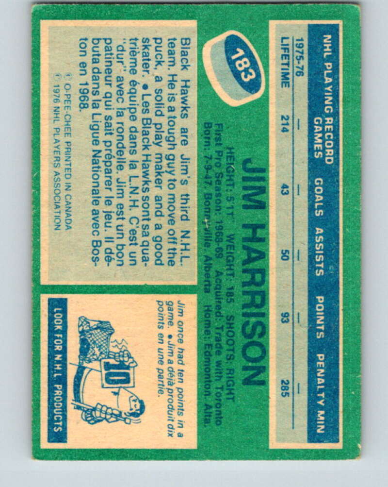 1976-77 O-Pee-Chee #183 Jim Harrison Chicago Blackhawks V12229