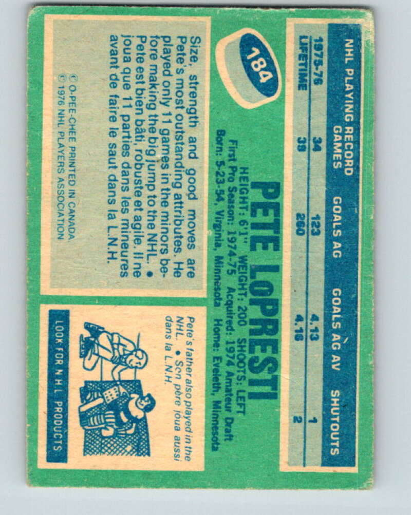 1976-77 O-Pee-Chee #184 Pete LoPresti RC Rookie North Stars V12230