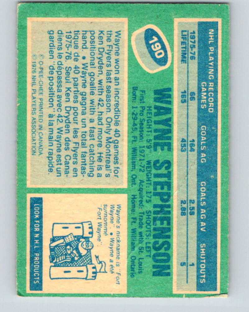1976-77 O-Pee-Chee #190 Wayne Stephenson Flyers V12243