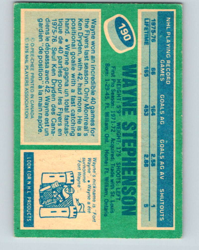 1976-77 O-Pee-Chee #190 Wayne Stephenson Flyers V12244