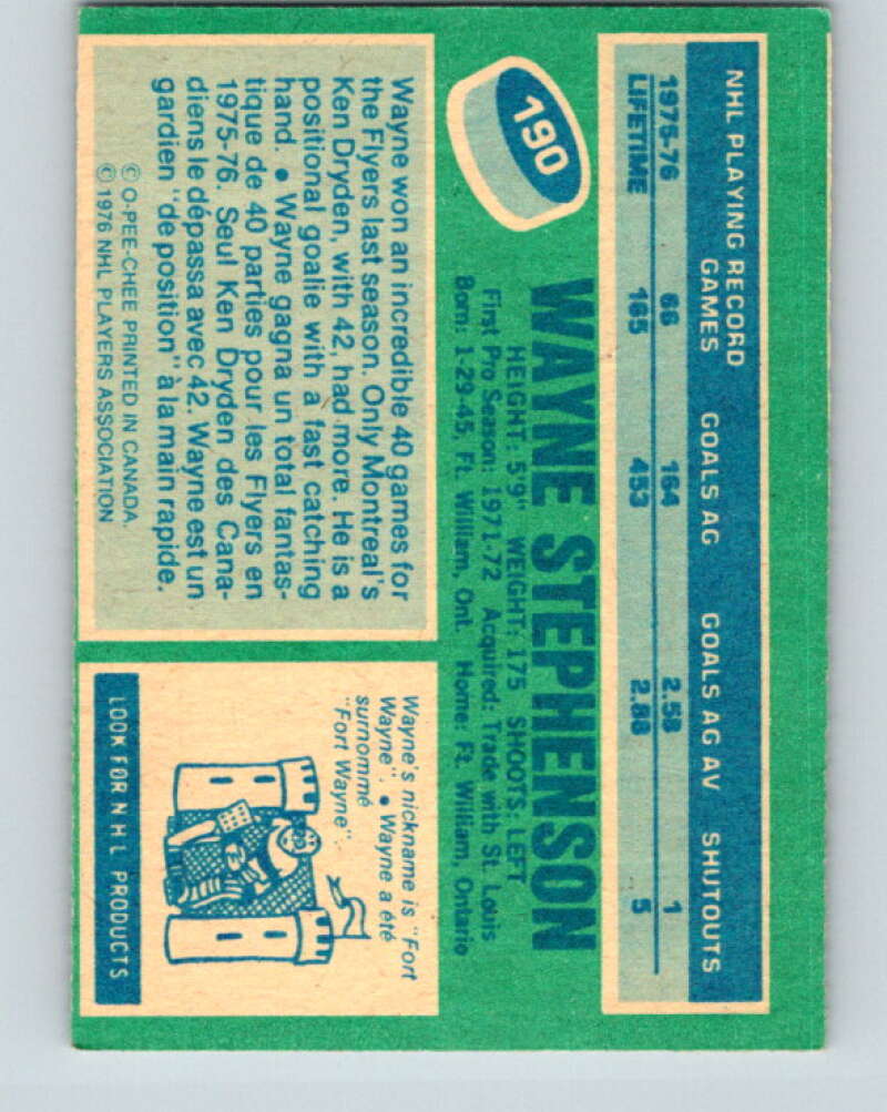 1976-77 O-Pee-Chee #190 Wayne Stephenson Flyers V12245