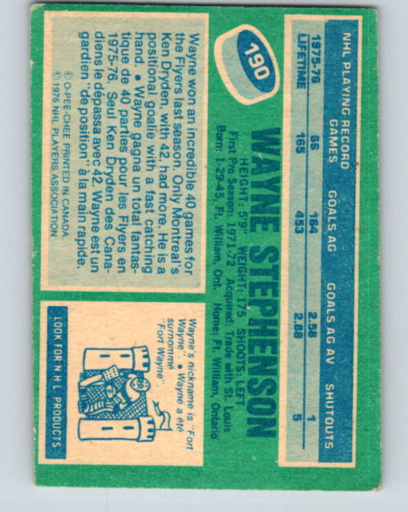 1976-77 O-Pee-Chee #190 Wayne Stephenson Flyers V12246