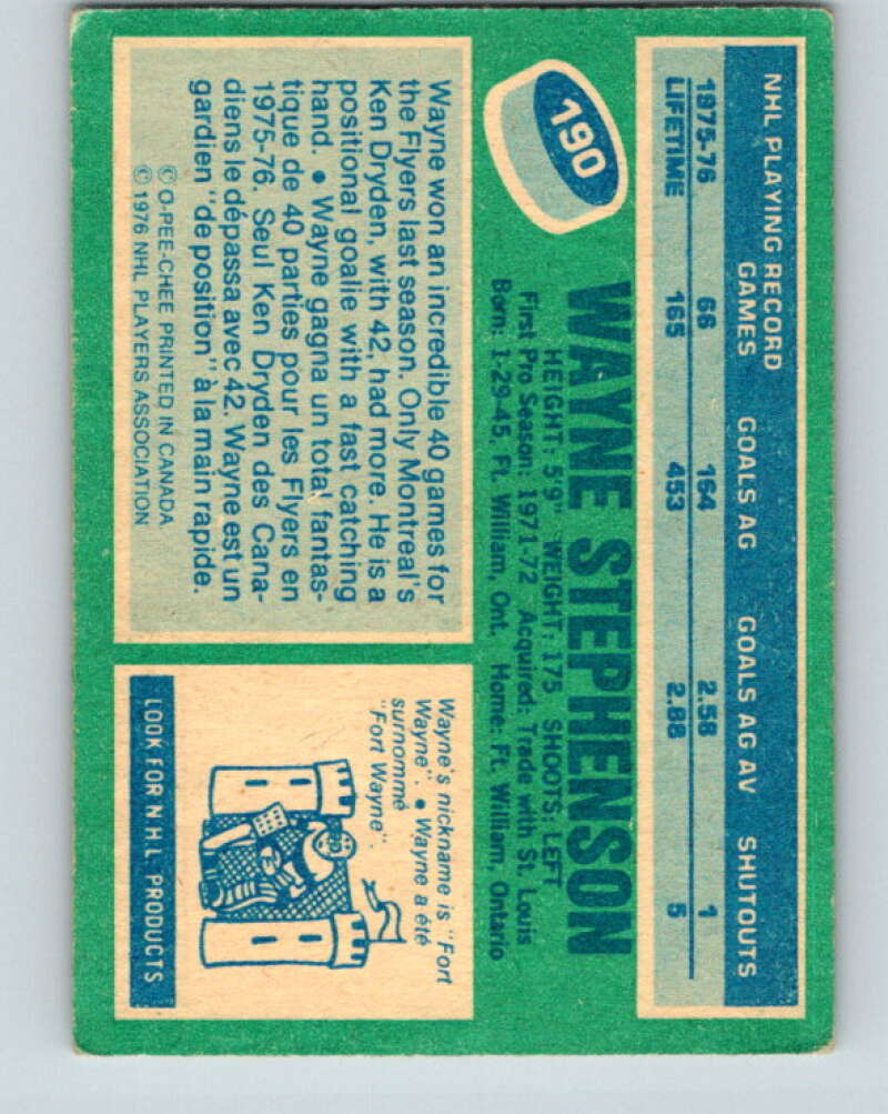1976-77 O-Pee-Chee #190 Wayne Stephenson Flyers V12248