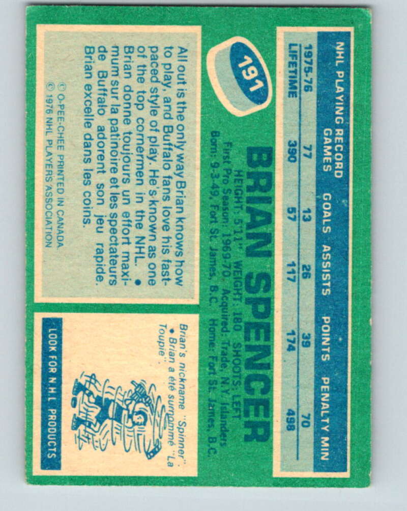 1976-77 O-Pee-Chee #191 Brian Spencer Buffalo Sabres V12249