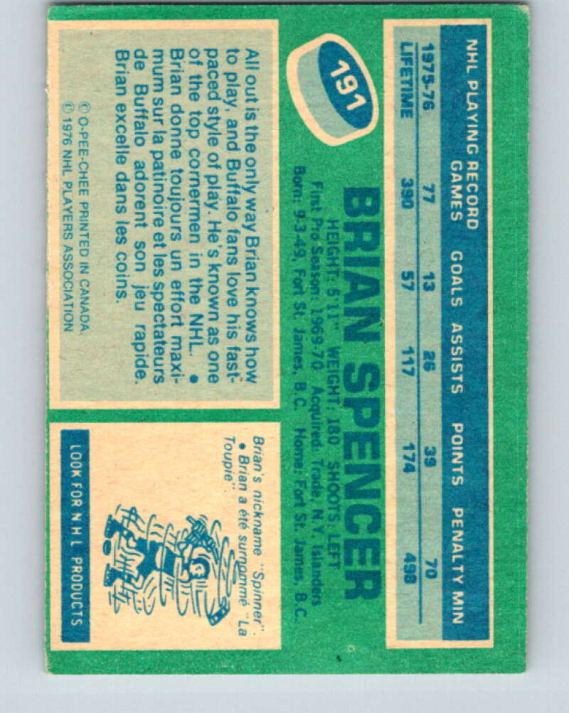 1976-77 O-Pee-Chee #191 Brian Spencer Buffalo Sabres V12250
