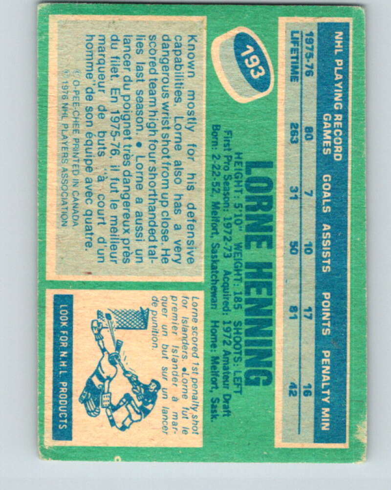 1976-77 O-Pee-Chee #193 Lorne Henning New York Islanders V12257
