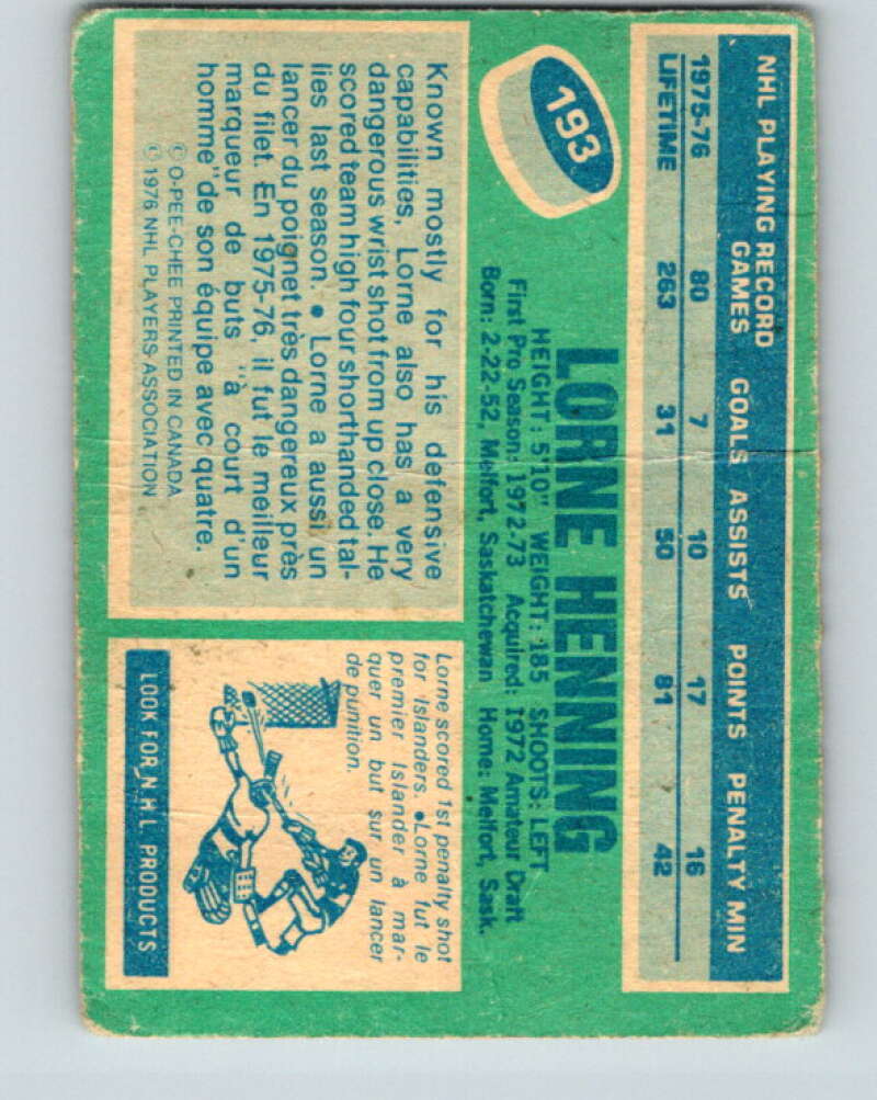 1976-77 O-Pee-Chee #193 Lorne Henning New York Islanders V12264