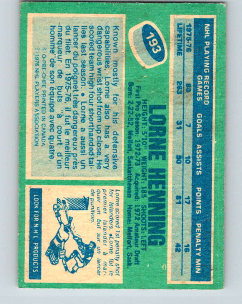 1976-77 O-Pee-Chee #193 Lorne Henning New York Islanders V12265