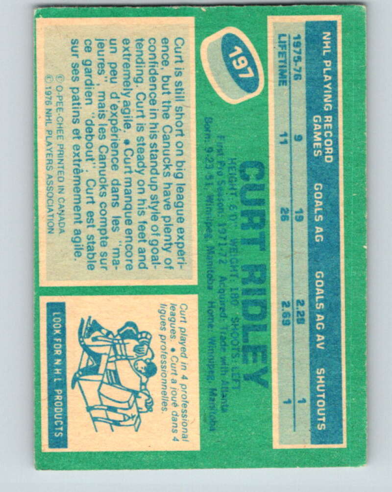 1976-77 O-Pee-Chee #197 Curt Ridley RC Rookie Canucks V12271