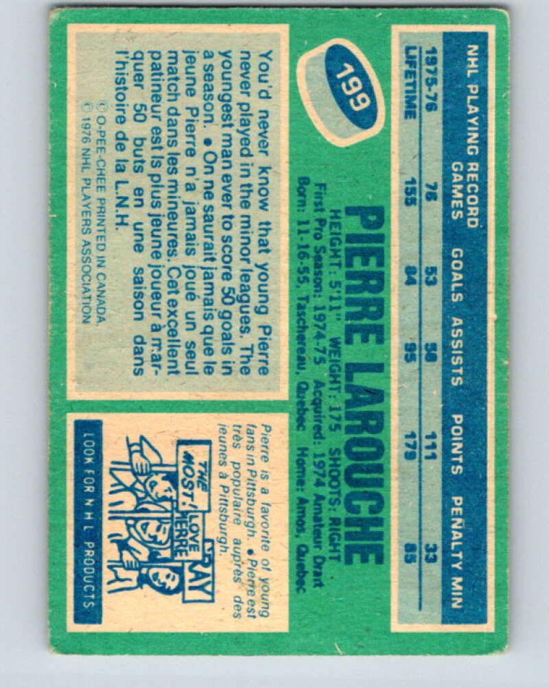 1976-77 O-Pee-Chee #199 Pierre Larouche Pittsburgh Penguins V12275