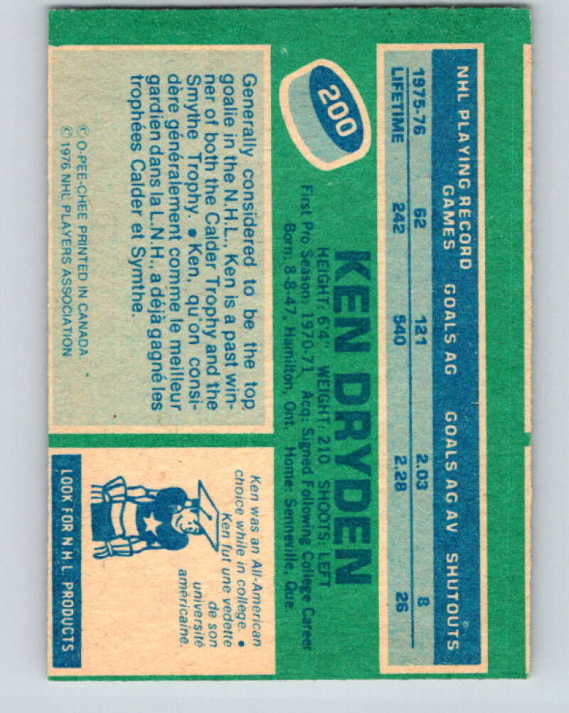 1976-77 O-Pee-Chee #200 Ken Dryden Montreal Canadiens V12277
