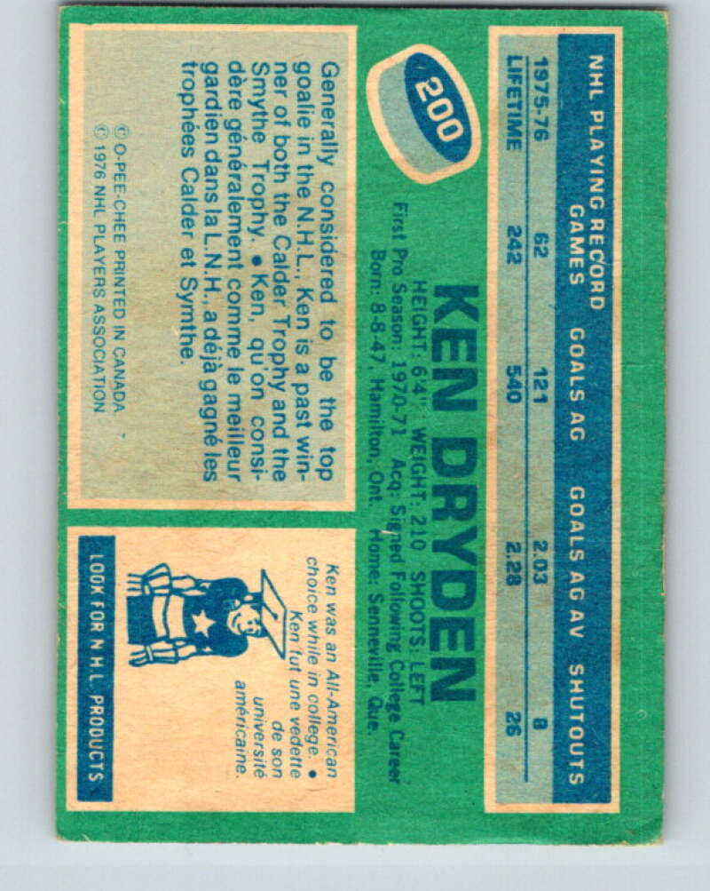 1976-77 O-Pee-Chee #200 Ken Dryden Montreal Canadiens V12278