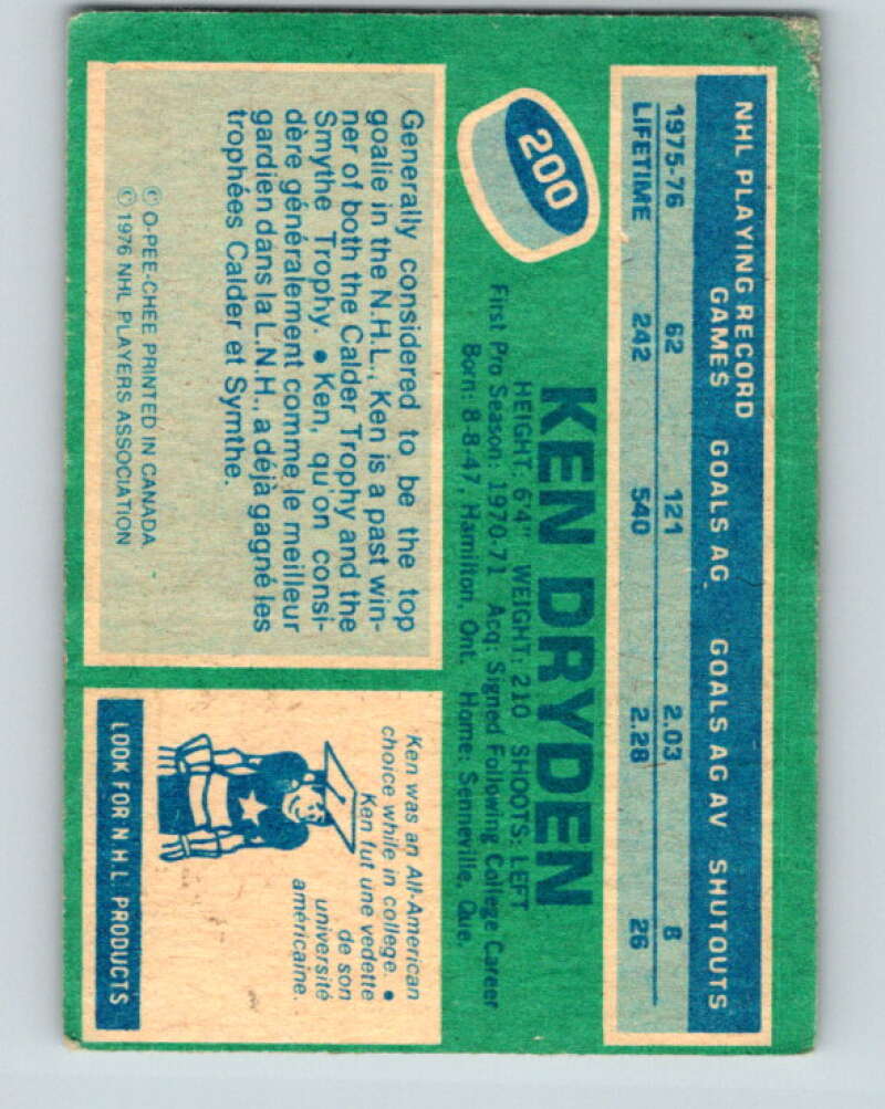 1976-77 O-Pee-Chee #200 Ken Dryden Montreal Canadiens V12279