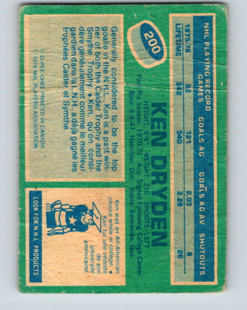 1976-77 O-Pee-Chee #200 Ken Dryden Montreal Canadiens V12280