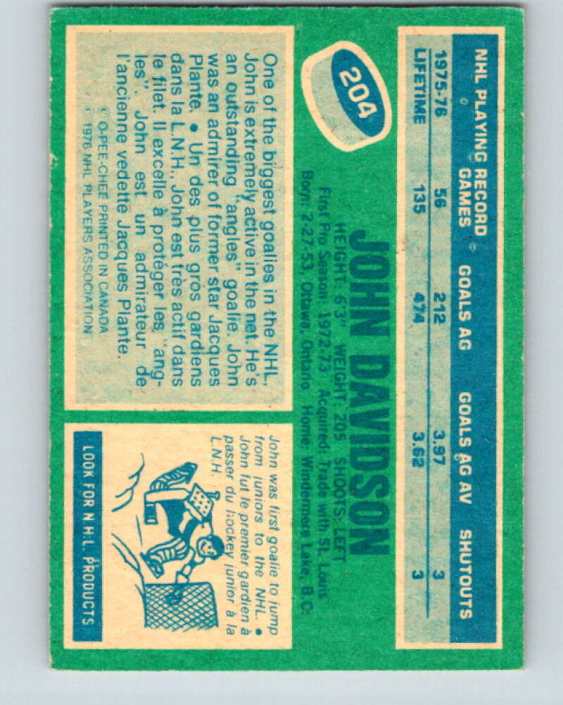 1976-77 O-Pee-Chee #204 John Davidson New York Rangers V12290