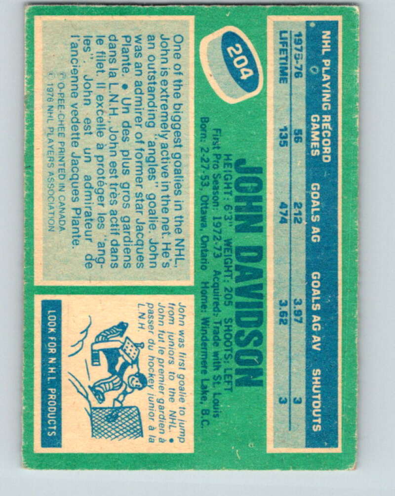 1976-77 O-Pee-Chee #204 John Davidson New York Rangers V12291