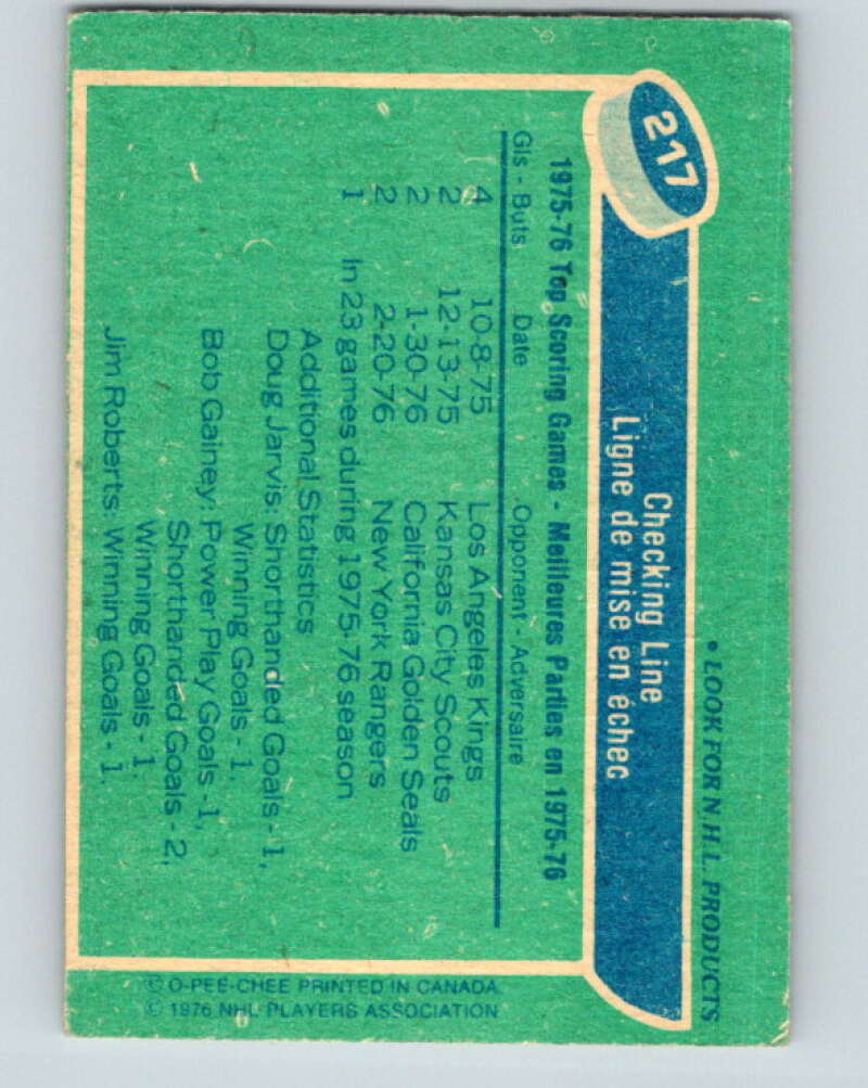 1976-77 O-Pee-Chee #217 Checking Line Gainey/Jarvis/Roberts V12326