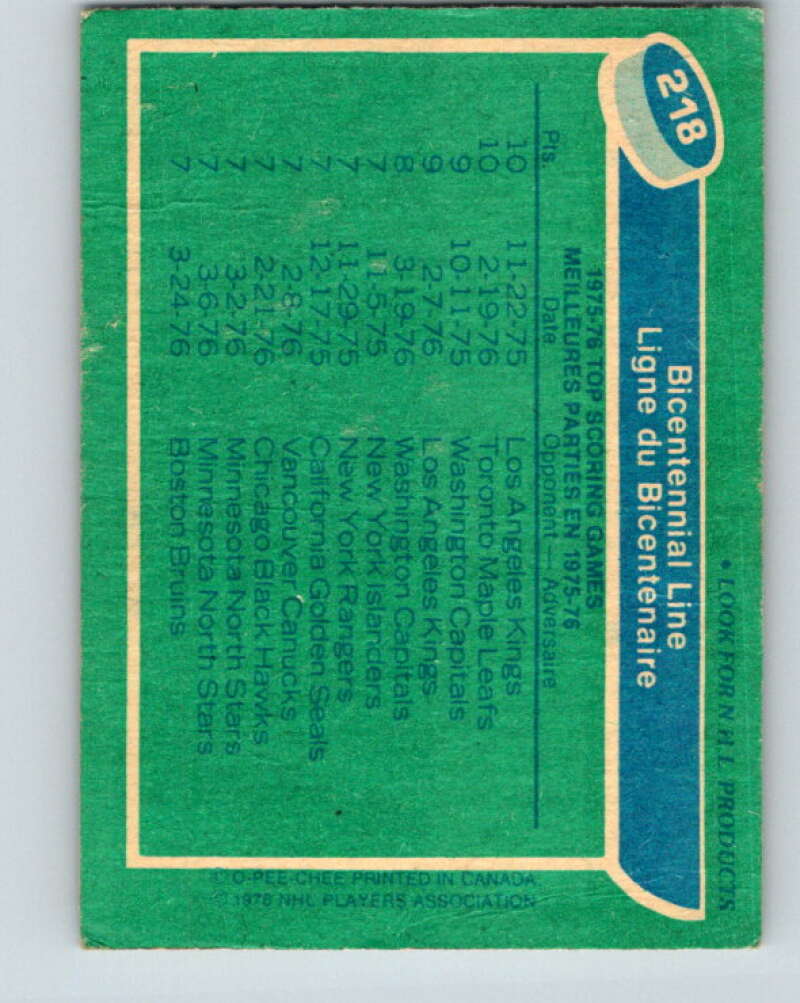 1976-77 O-Pee-Chee #218 Bicentennial Line MacDonald/Apps/Pronovost V12328