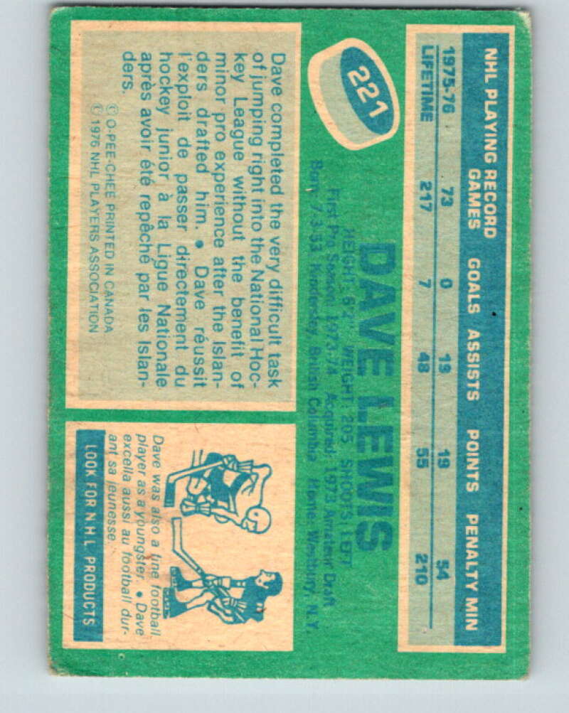 1976-77 O-Pee-Chee #221 Dave Lewis New York Islanders V12337