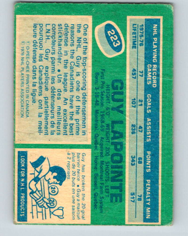 1976-77 O-Pee-Chee #223 Guy Lapointe Montreal Canadiens V12344