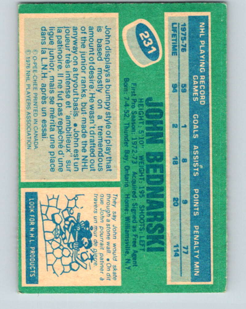 1976-77 O-Pee-Chee #231 John Bednarski RC Rookie Rangers V12363