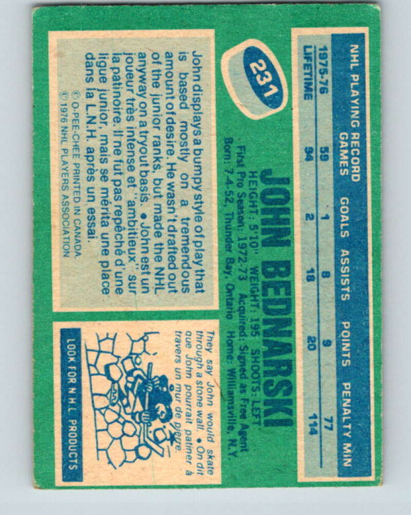 1976-77 O-Pee-Chee #231 John Bednarski RC Rookie Rangers V12364