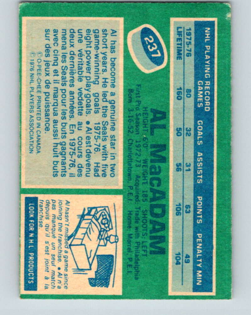 1976-77 O-Pee-Chee #237 Al MacAdam Cleveland Barons V12381