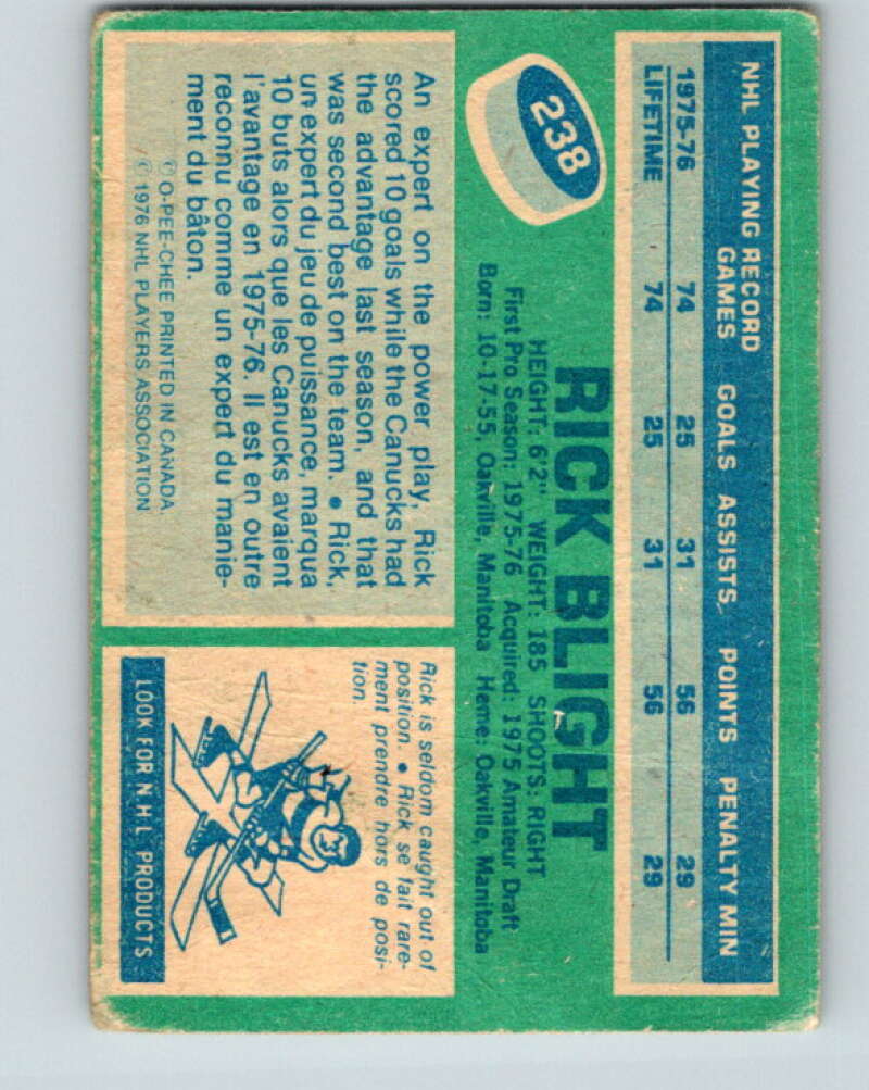 1976-77 O-Pee-Chee #238 Rick Blight RC Rookie Vancouver Canucks V12382