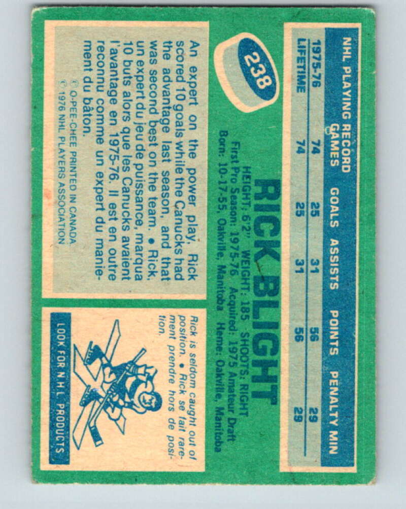 1976-77 O-Pee-Chee #238 Rick Blight RC Rookie Vancouver Canucks V12383