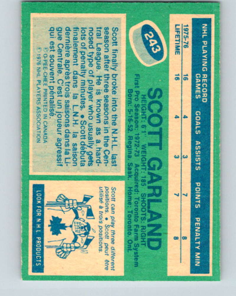 1976-77 O-Pee-Chee #243 Scott Garland RC Rookie Toronto V12394