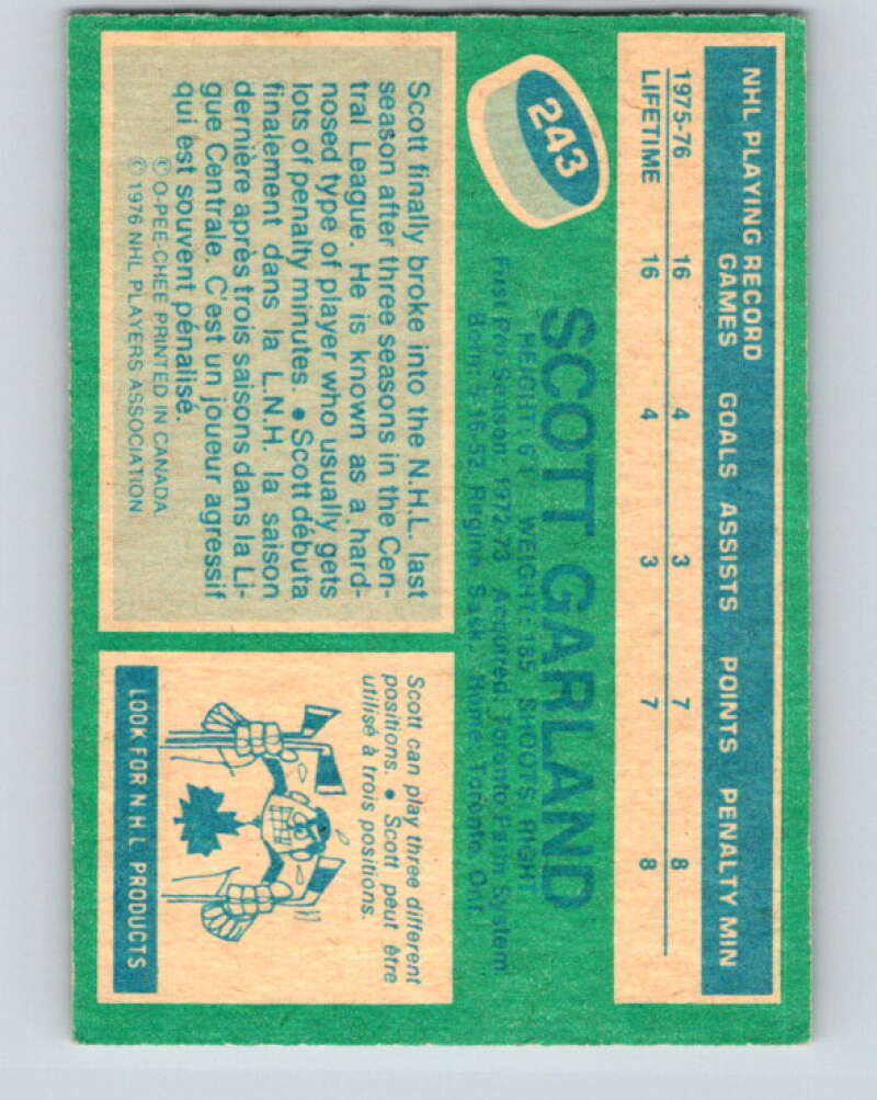 1976-77 O-Pee-Chee #243 Scott Garland RC Rookie Toronto V12395