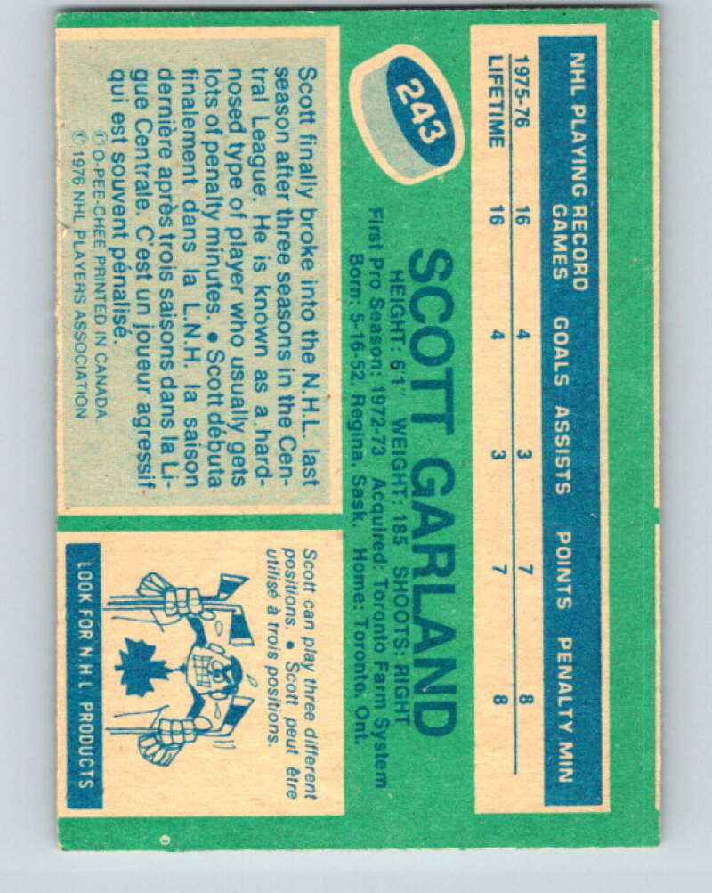1976-77 O-Pee-Chee #243 Scott Garland RC Rookie Toronto V12396