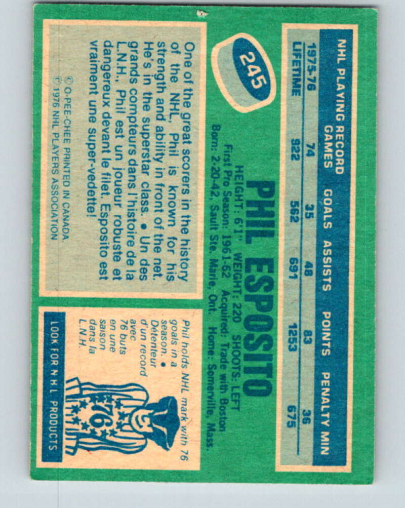 1976-77 O-Pee-Chee #245 Phil Esposito New York Rangers V12404