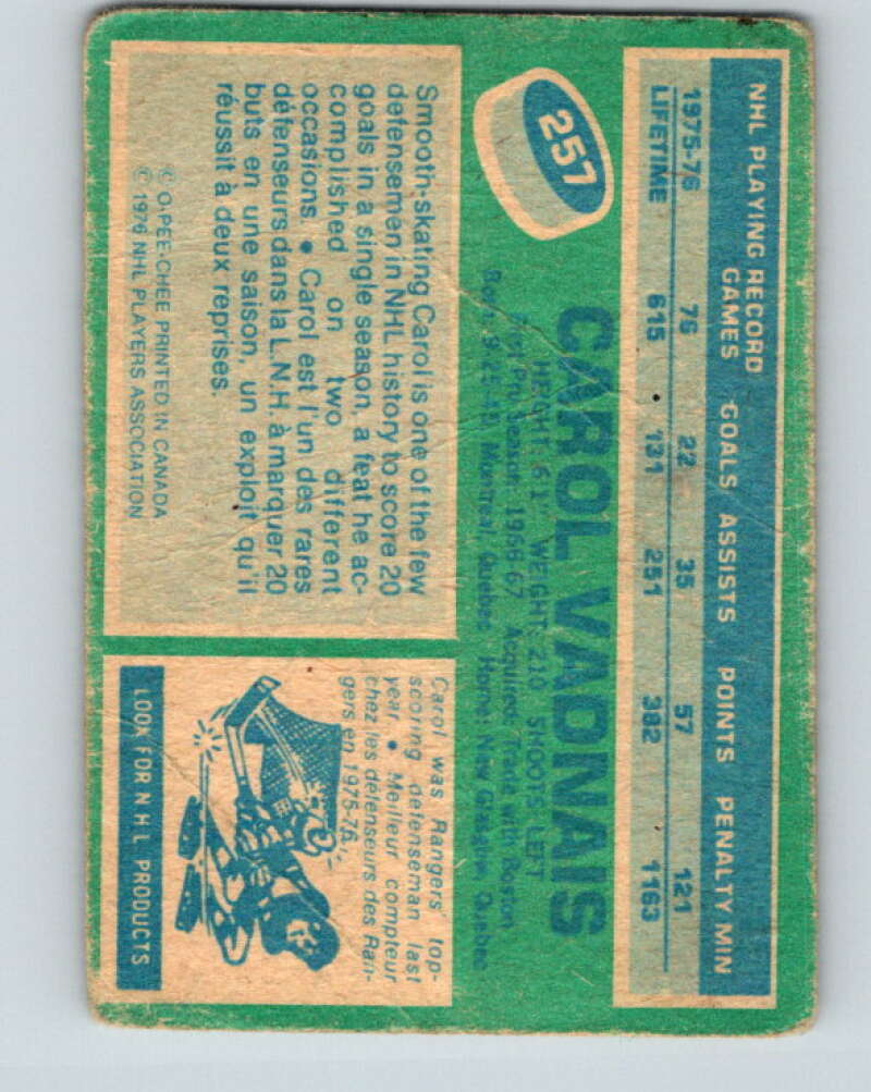 1976-77 O-Pee-Chee #257 Carol Vadnais New York Rangers V12641