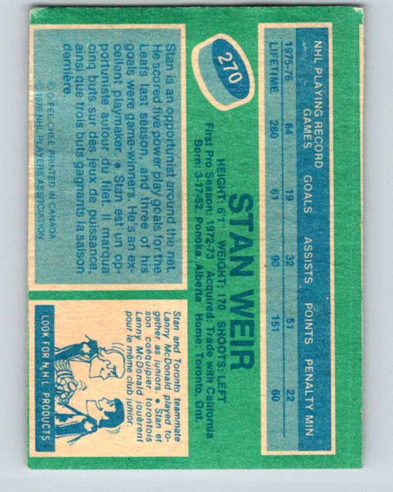 1976-77 O-Pee-Chee #270 Stan Weir Toronto Maple Leafs V12672