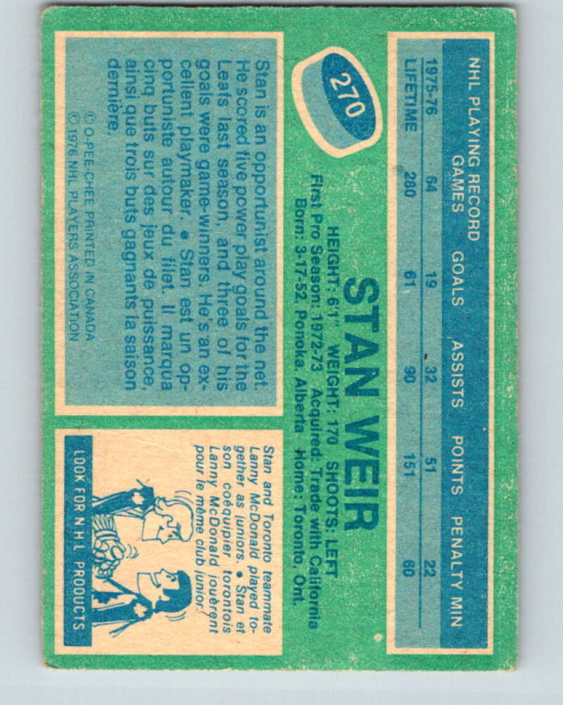 1976-77 O-Pee-Chee #270 Stan Weir Toronto Maple Leafs V12673